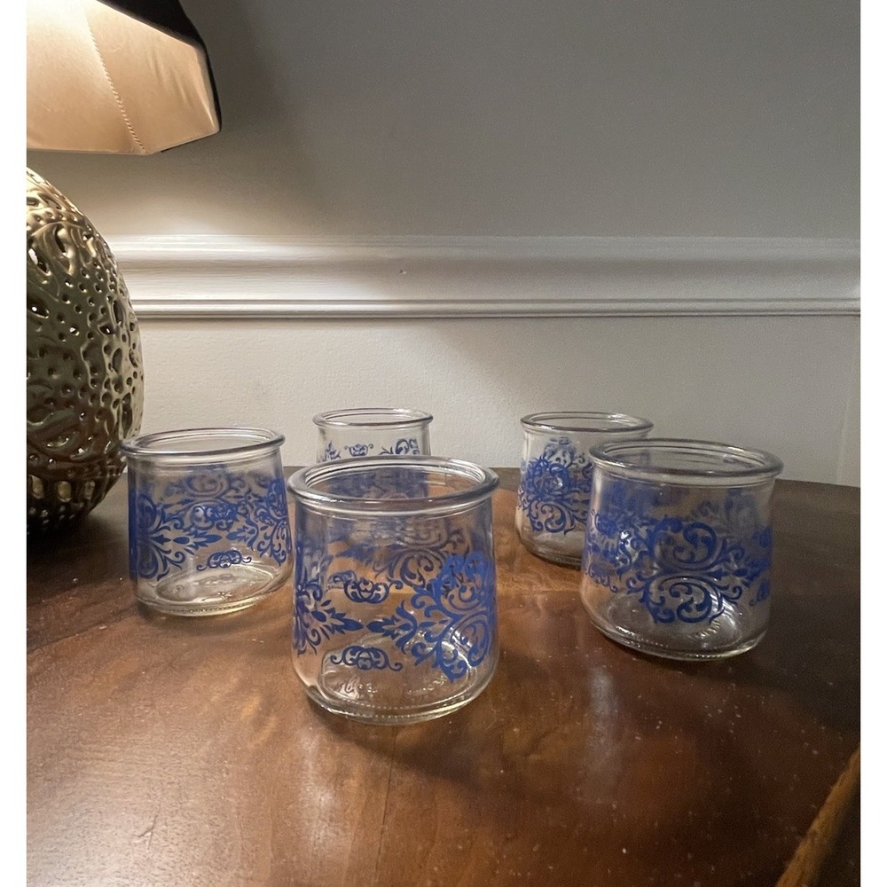 Oui Yogurt Limited Ed. Floral Glass Jar Pink  & Blue Flowers Crafts‎ Candles X5